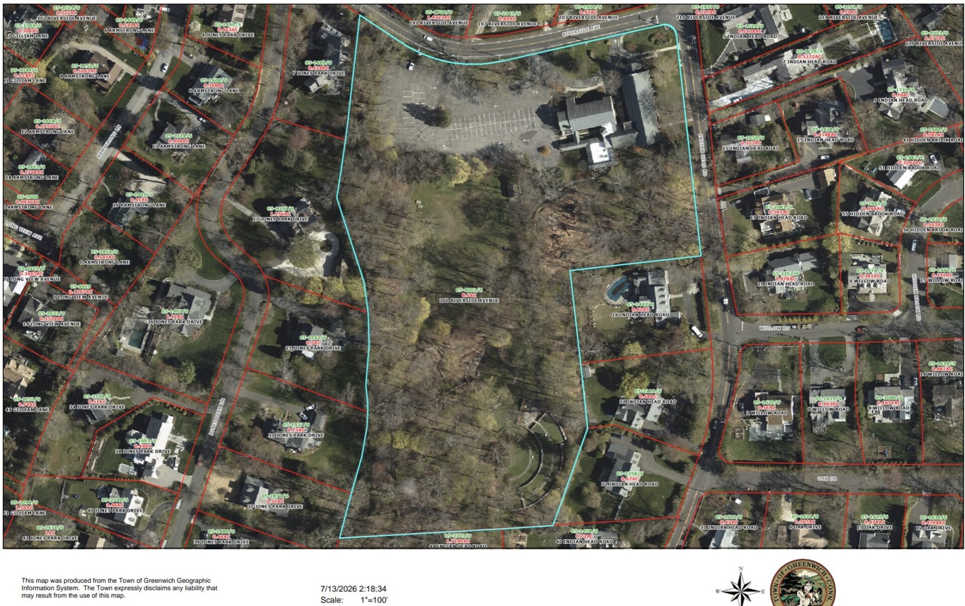 Aerial satellite map with a teal boundary outlining a large parcel among residential properties.