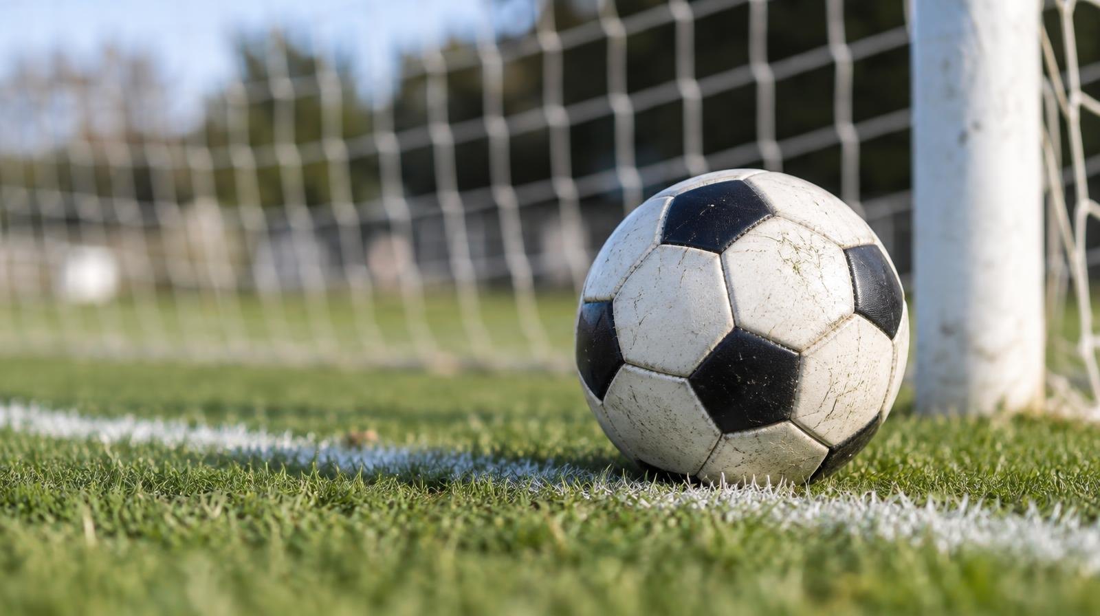 A soccer ball resting on a grass field in front of a goal net.