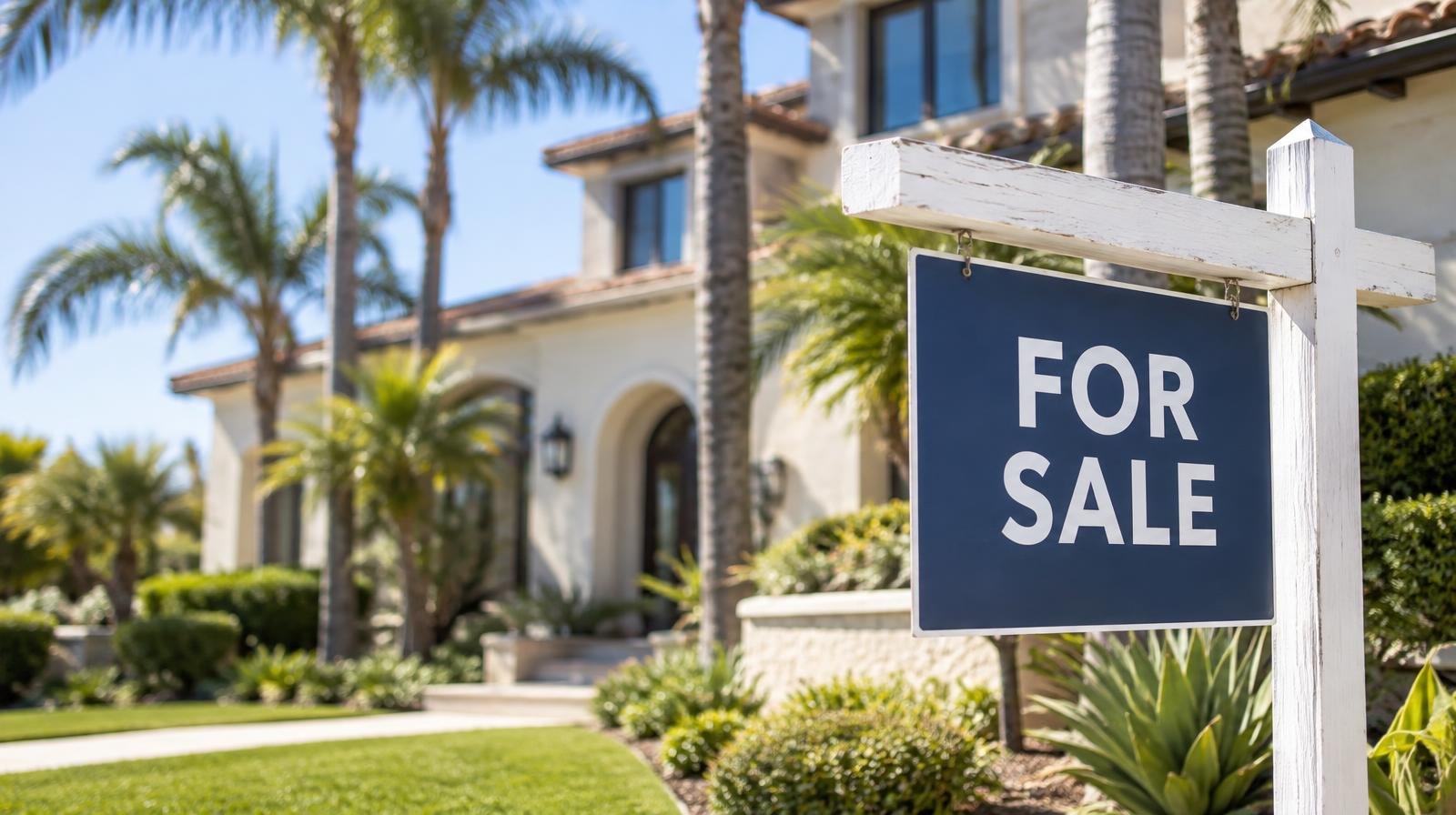 A luxury home with palm trees and a for-sale sign on a sunny day.