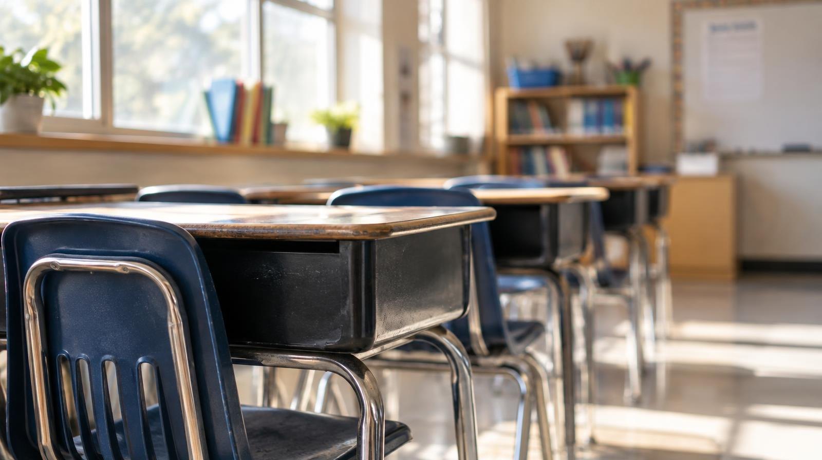 Rows of empty student desks and chairs in a sunlit classroom.