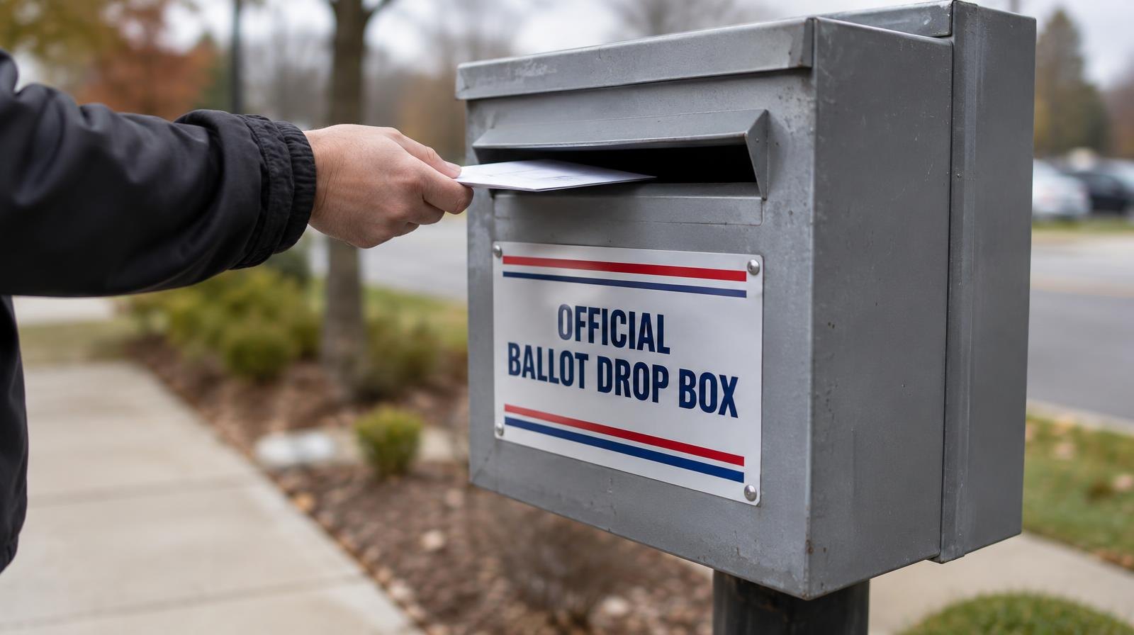 A gray metal ballot drop box mounted on a post on a sidewalk.