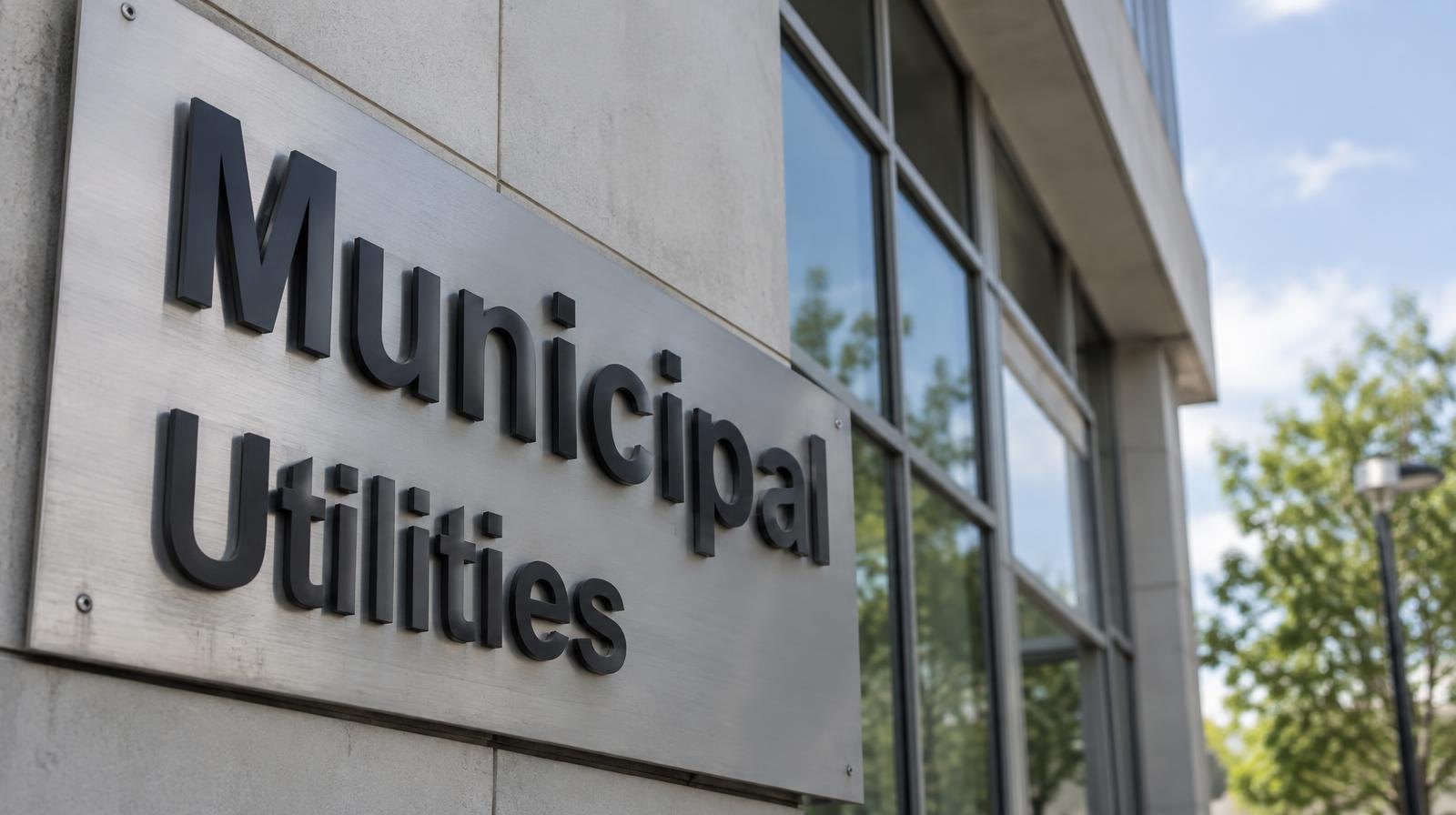 Close-up of a utility company nameplate sign on a modern building facade