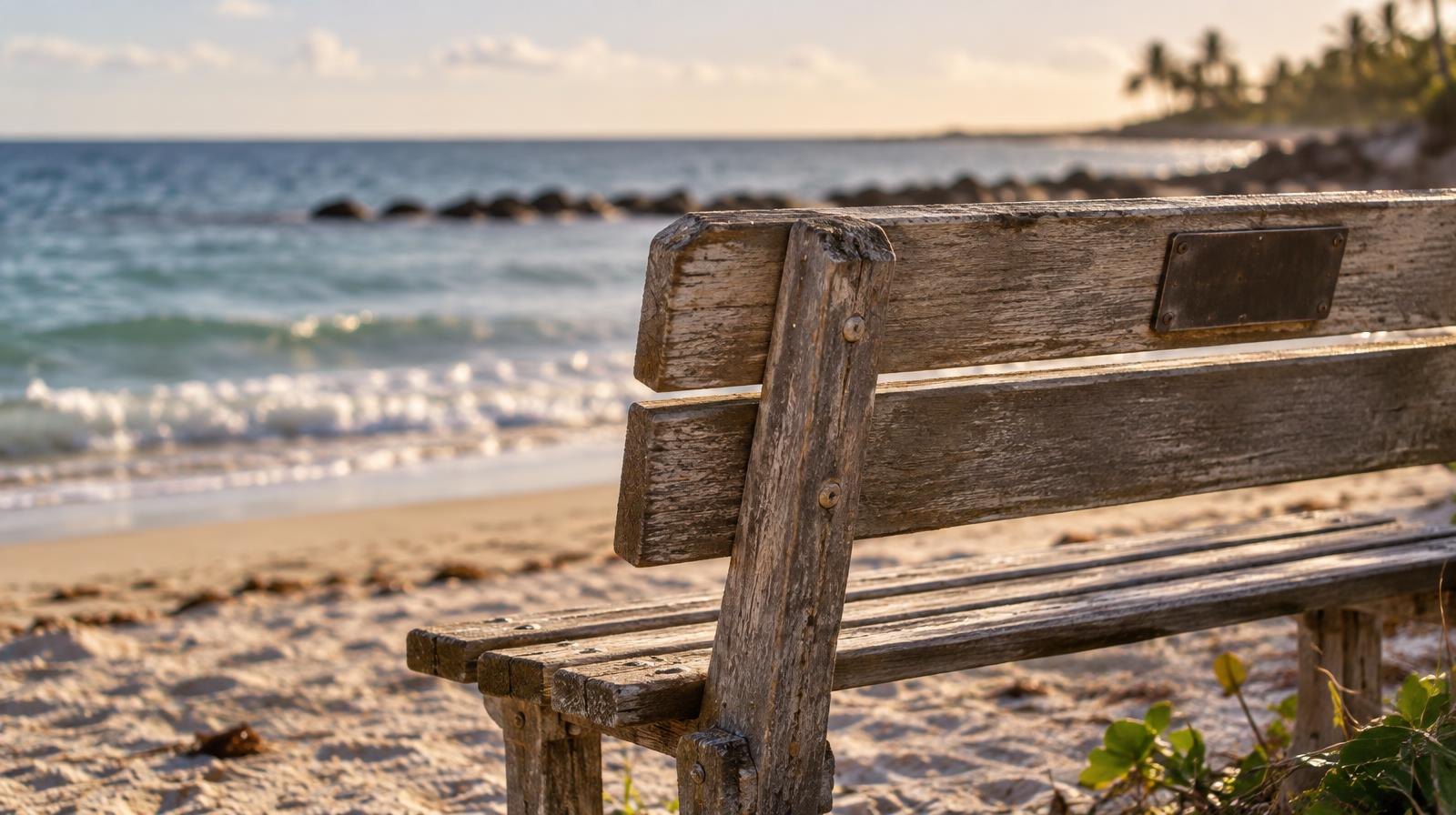 Weathered wooden bench on a sandy beach with ocean waves behind it.