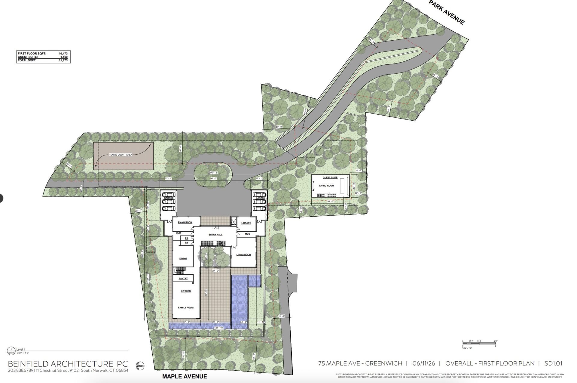Architectural first-floor plan drawing showing building footprint, circular driveway, and landscaping on a large parcel.