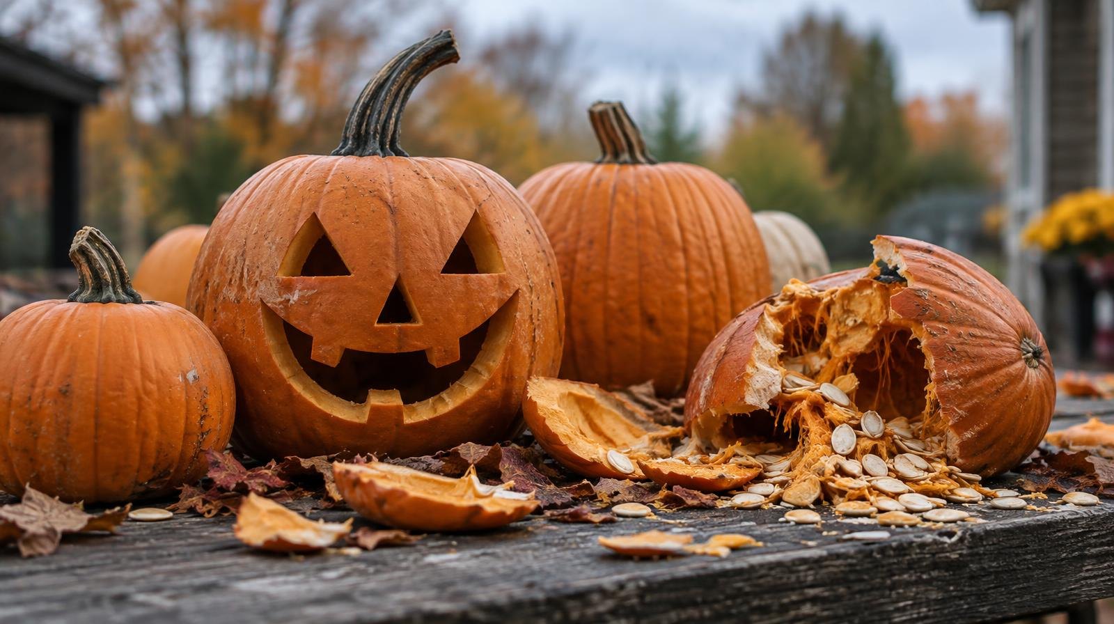 Several Halloween pumpkins on a wooden surface, some cracked and splattered with pulp.