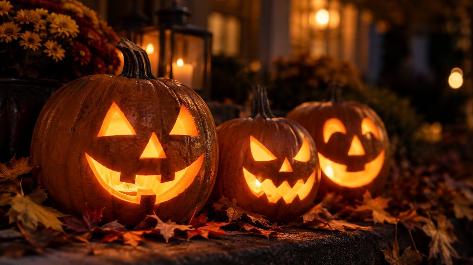 Several glowing carved jack-o'-lanterns surrounded by autumn leaves at night.