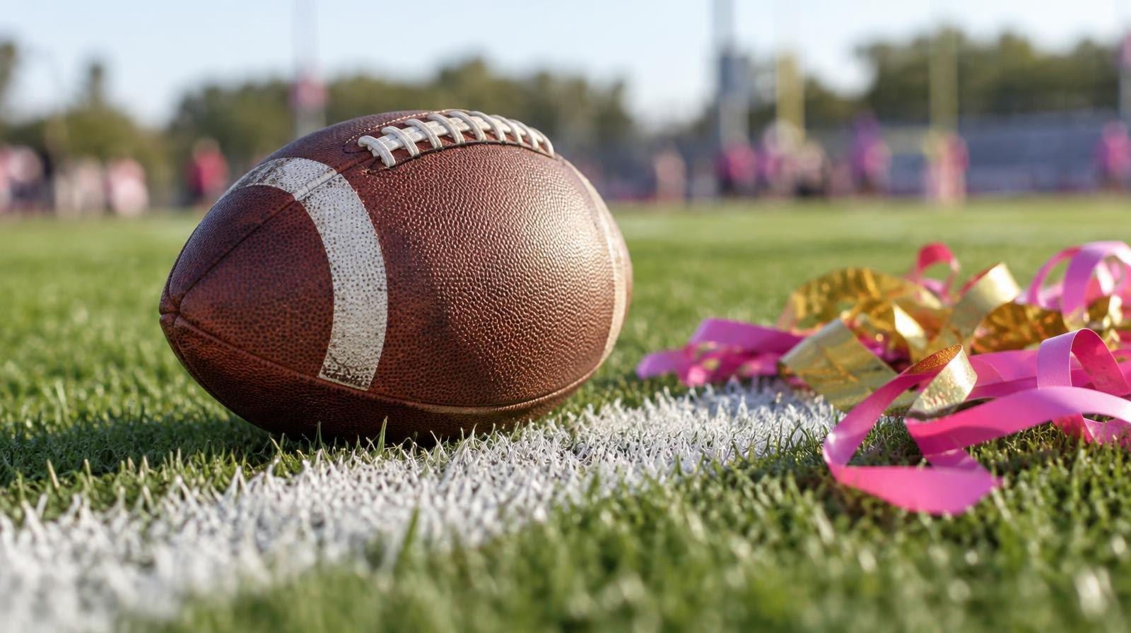 A brown football resting on a white yard line on green grass with colorful spirit ribbons nearby.