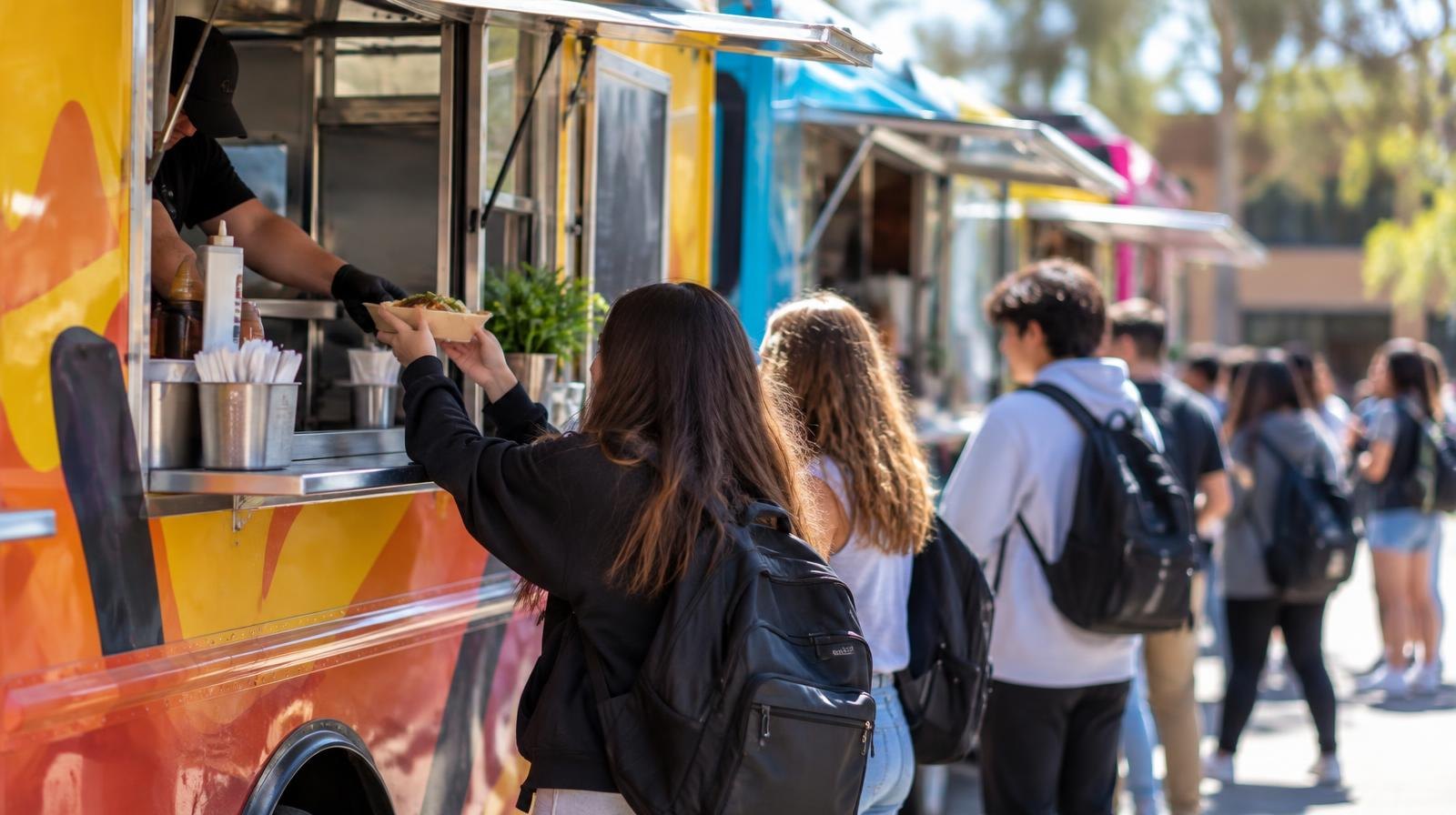 Colorful food trucks parked along a sunny driveway with people gathered outside.
