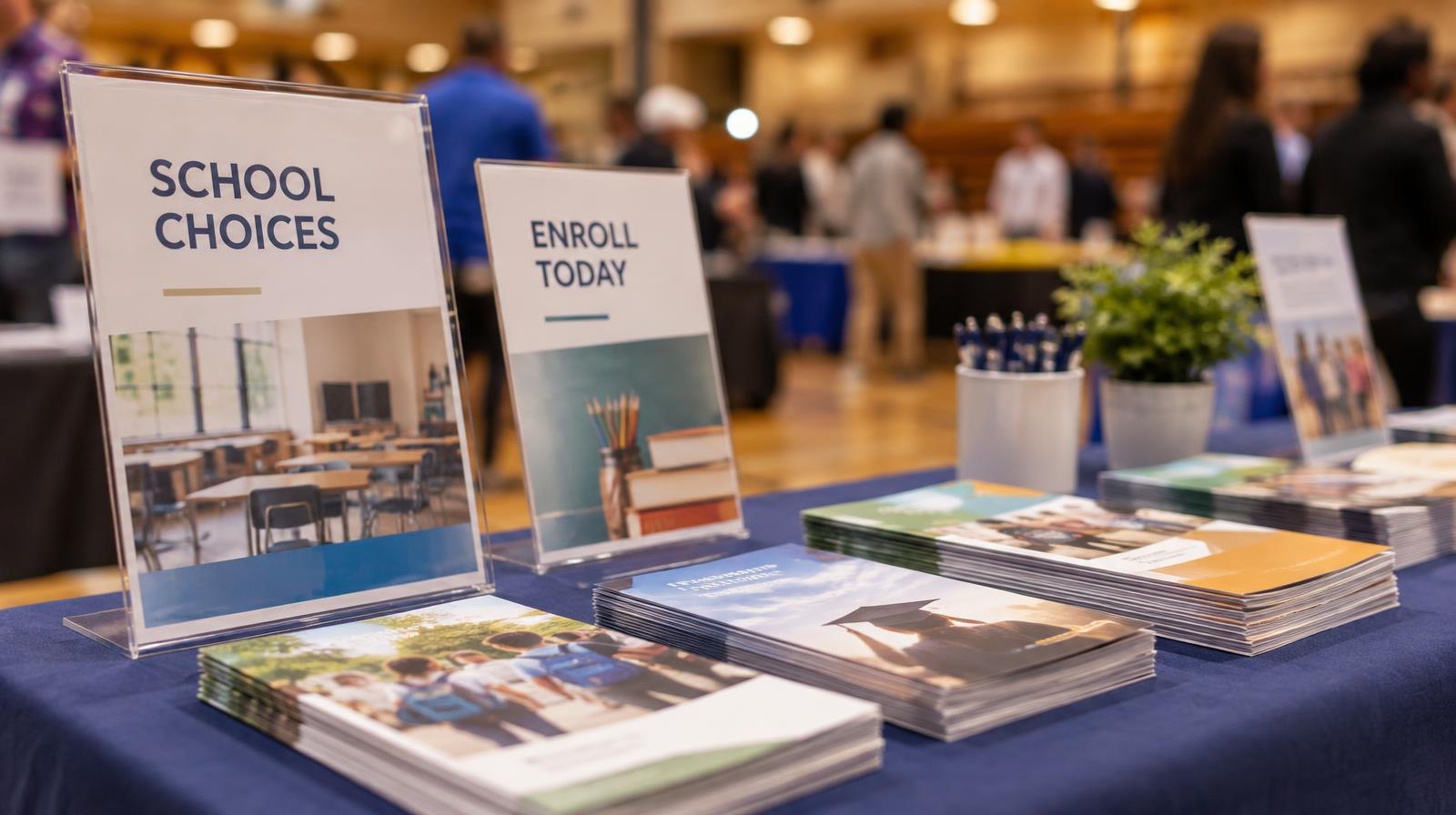 Colorful brochures and pamphlets spread across a display table under warm indoor lighting.