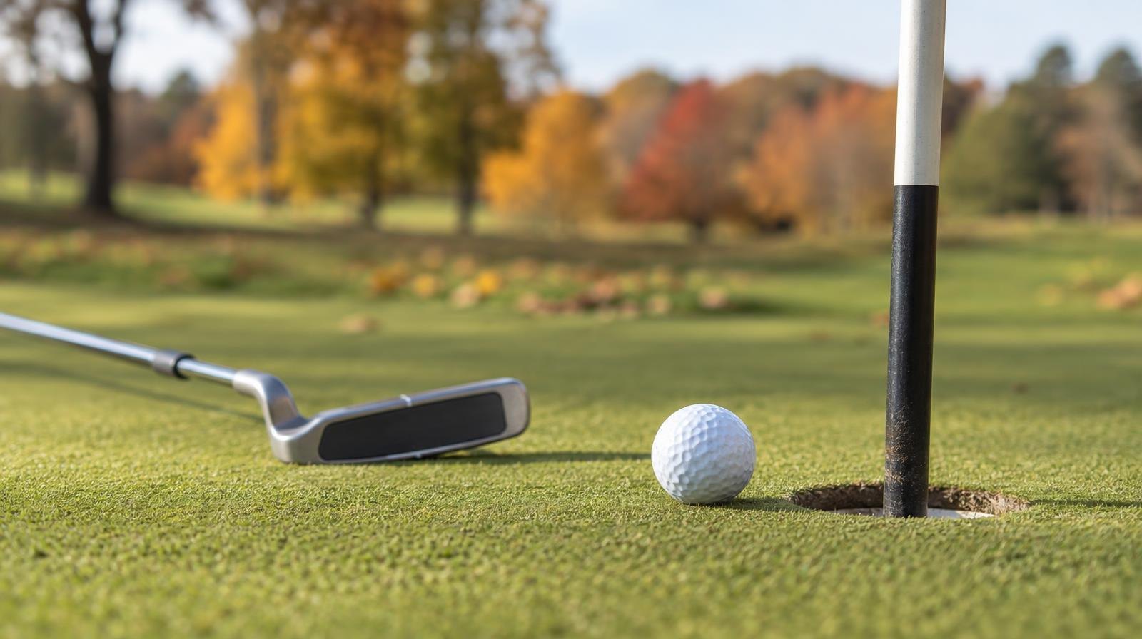 Golf ball on a putting green next to a flagstick with a putter nearby.