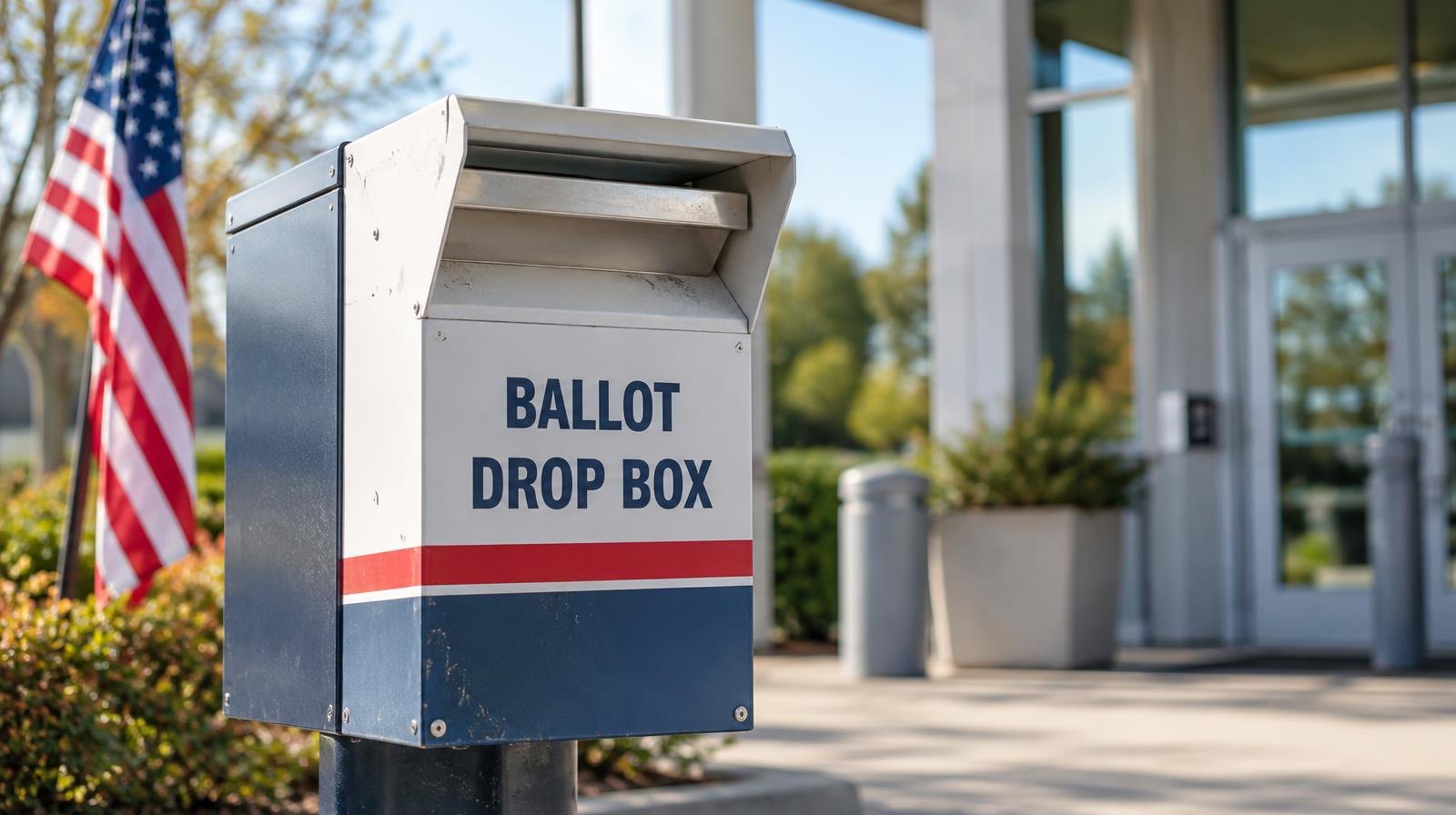 A metal ballot drop box mounted on a post outside a building with a small American flag nearby.