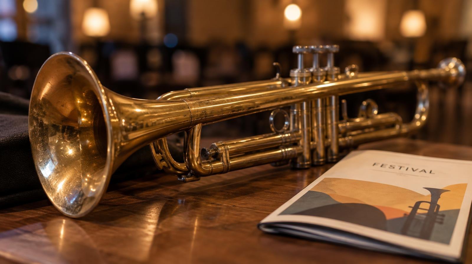 A shiny brass trumpet resting on a wooden surface in warm light.