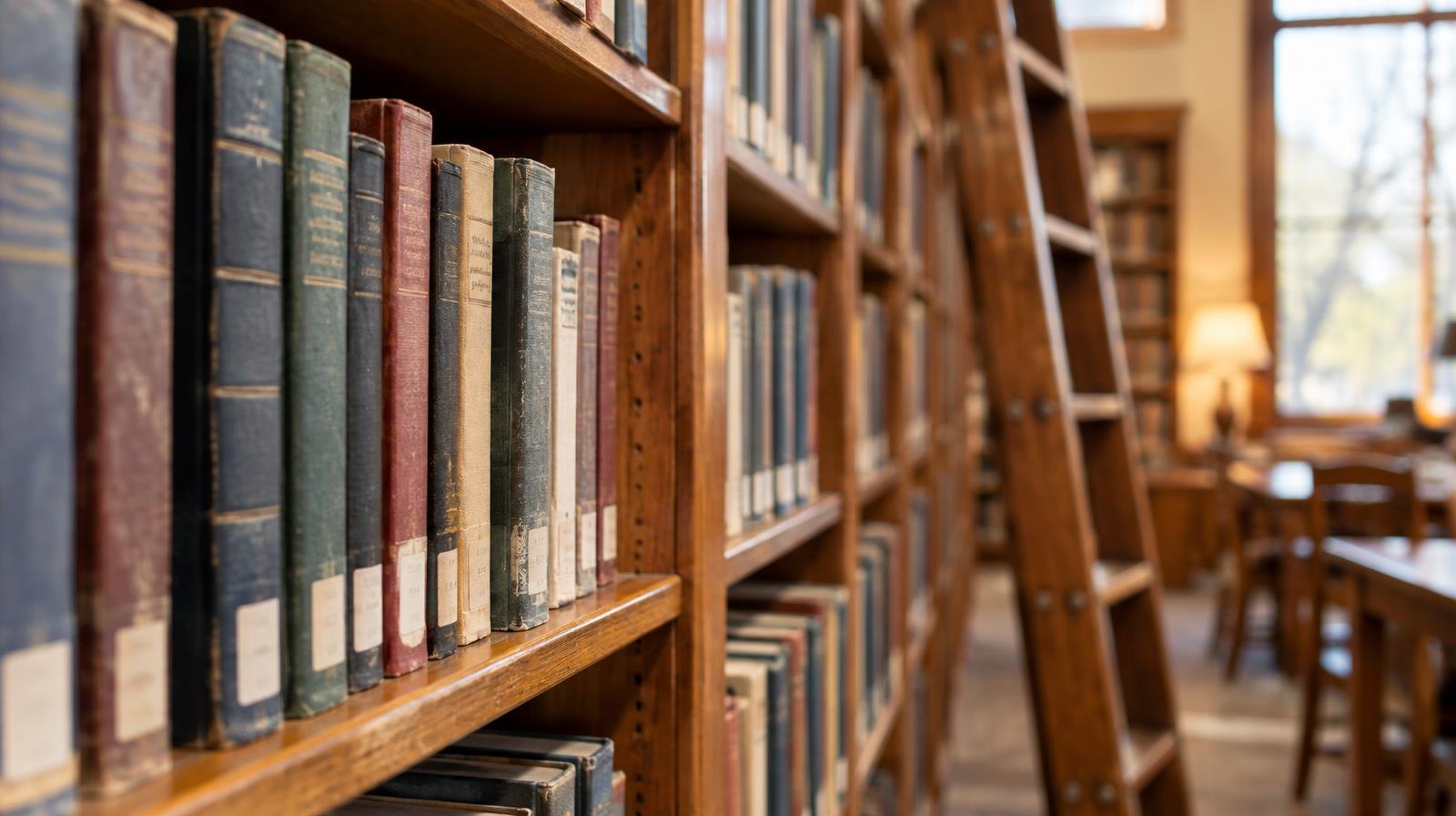 Rows of books on wooden library shelves with a rolling ladder in the background.
