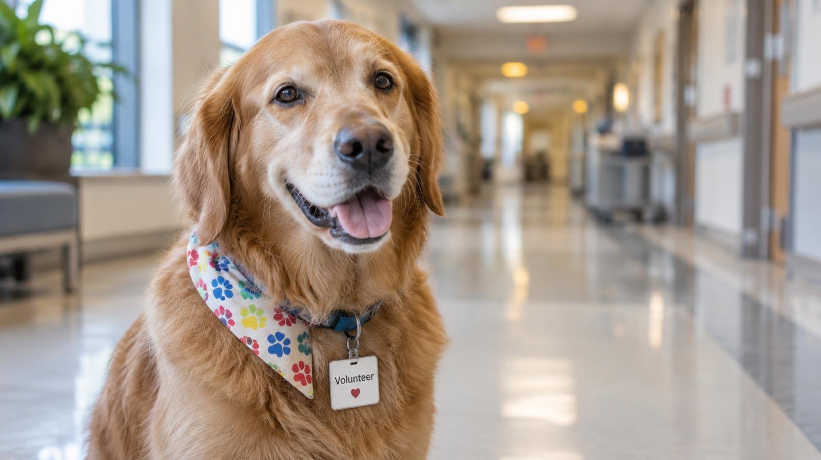 A golden retriever with a bandana and badge tag sits on a polished corridor floor.