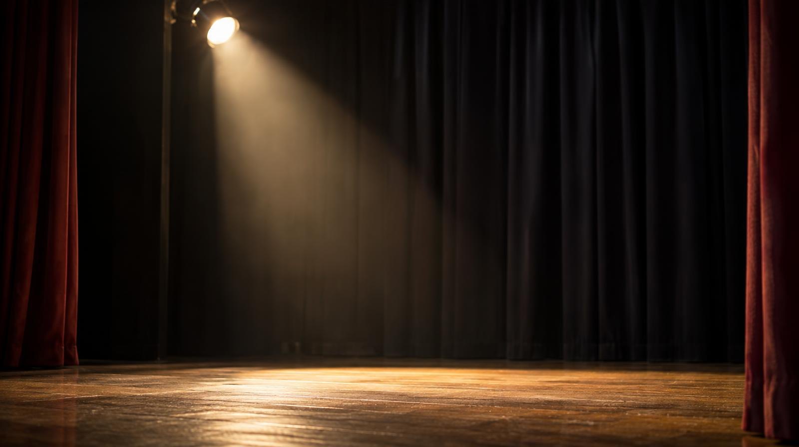 A single spotlight shining down on an empty wooden stage with dark curtains.