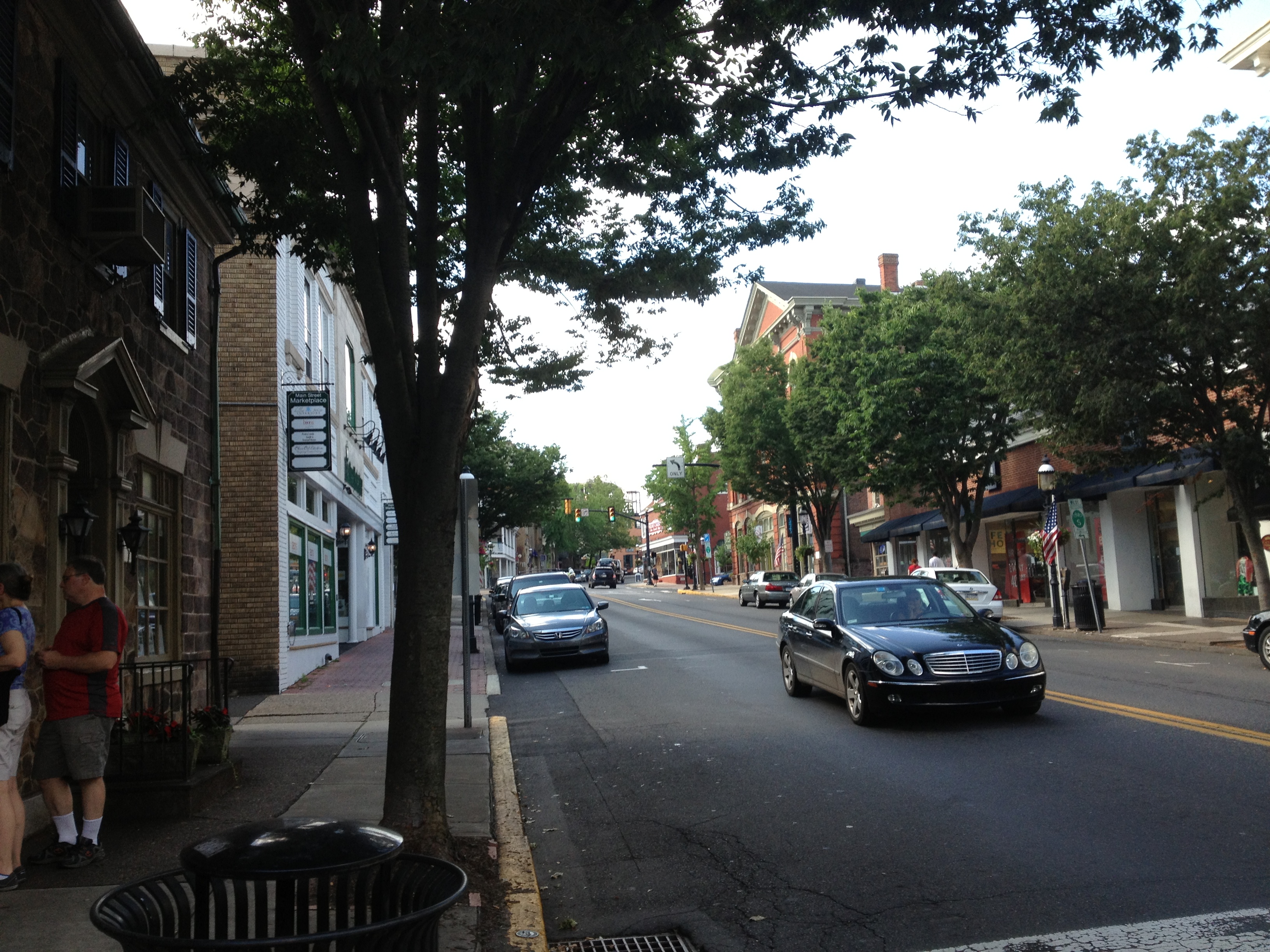Tree-lined Main Street with storefronts and pedestrians in downtown Doylestown.