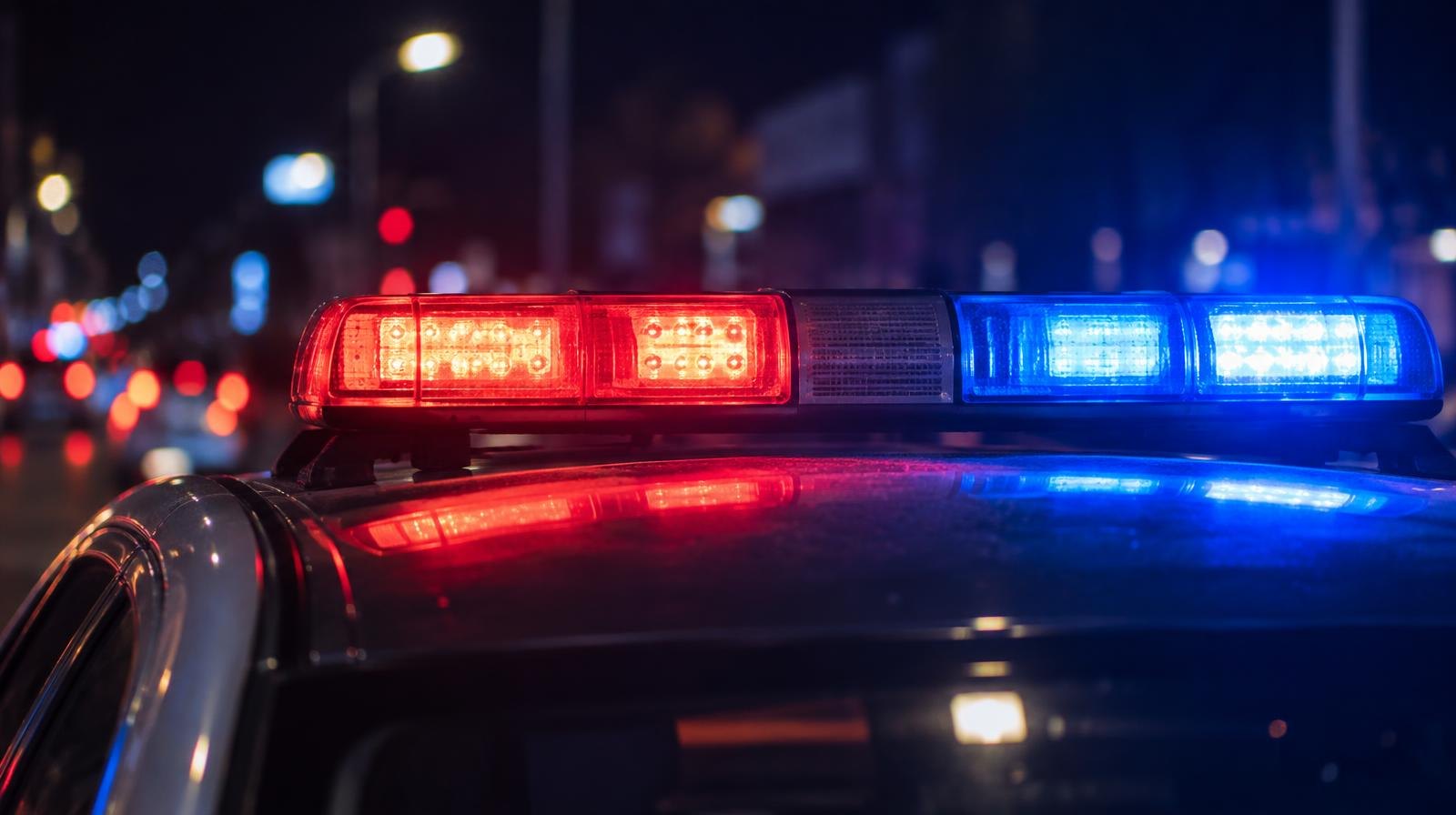 Red and blue police emergency lights illuminated on top of a patrol vehicle at night.
