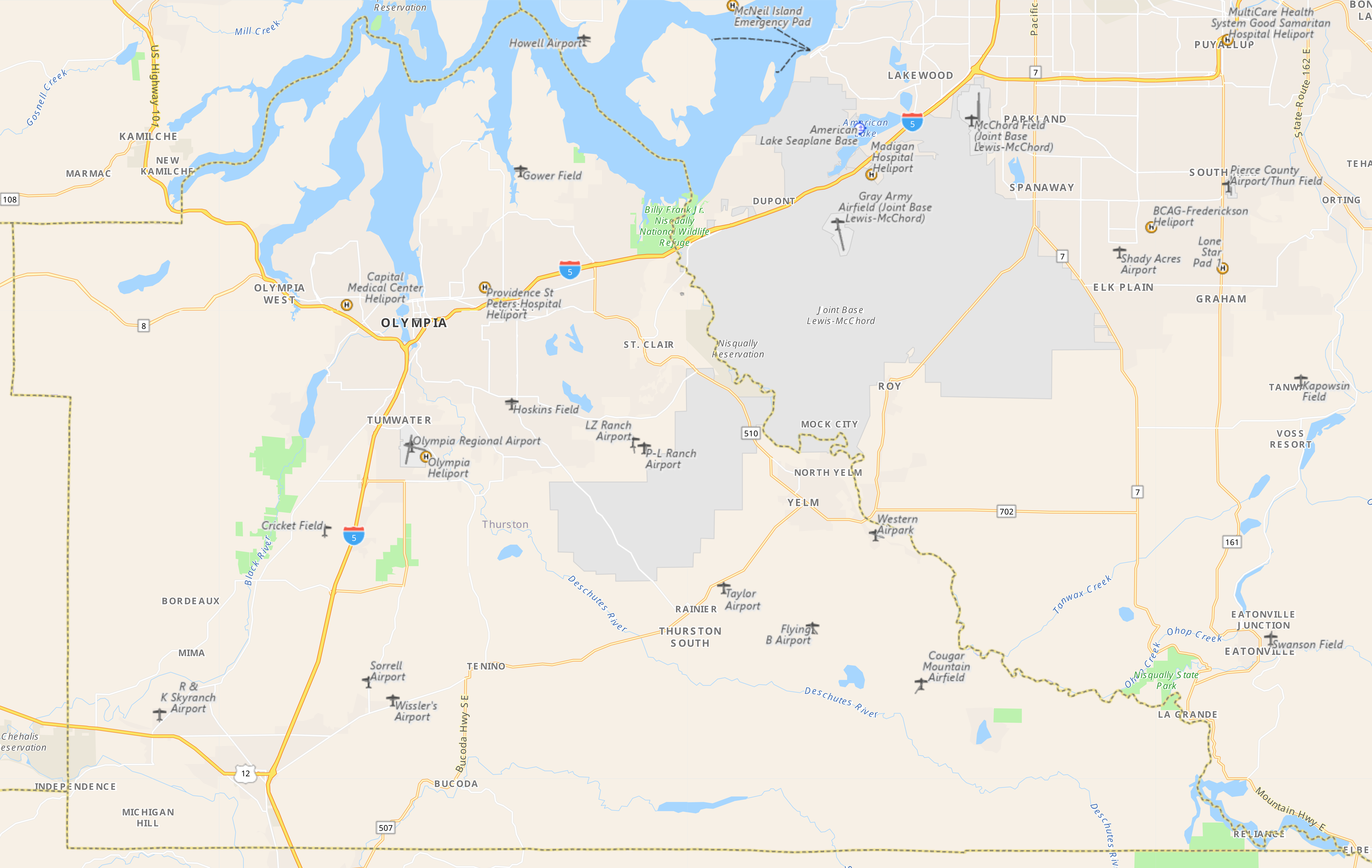 Road map showing Thurston County, Washington, with cities including Olympia, Tumwater, and Lacey labeled.