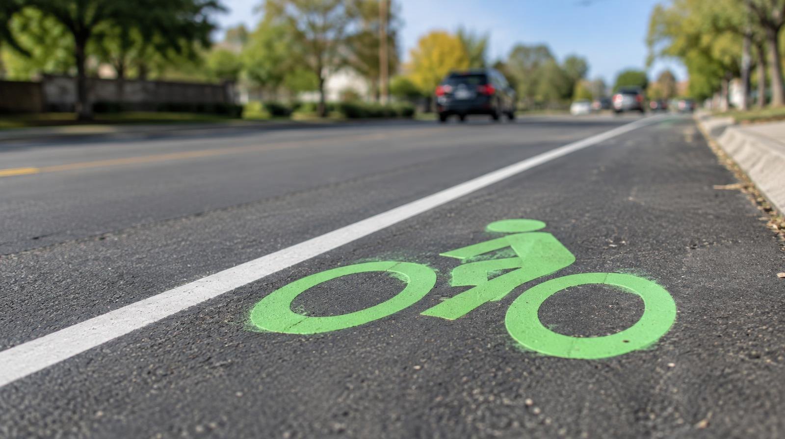 Freshly painted white bicycle lane marking and green bicycle symbol on asphalt.