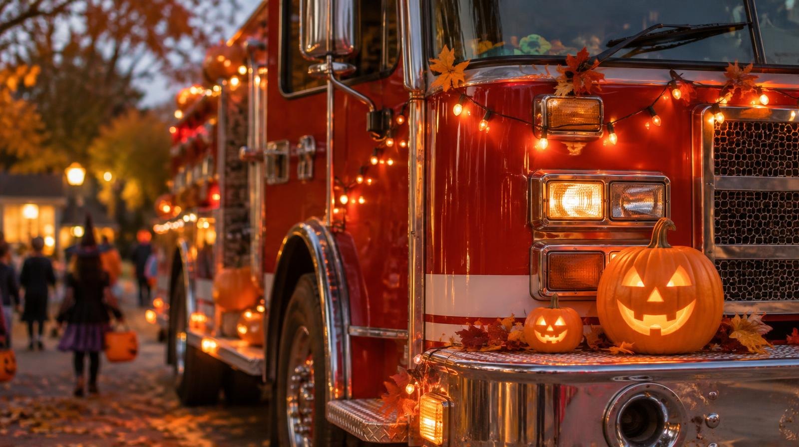 Red fire truck decorated with Halloween pumpkins and orange string lights outdoors at dusk.