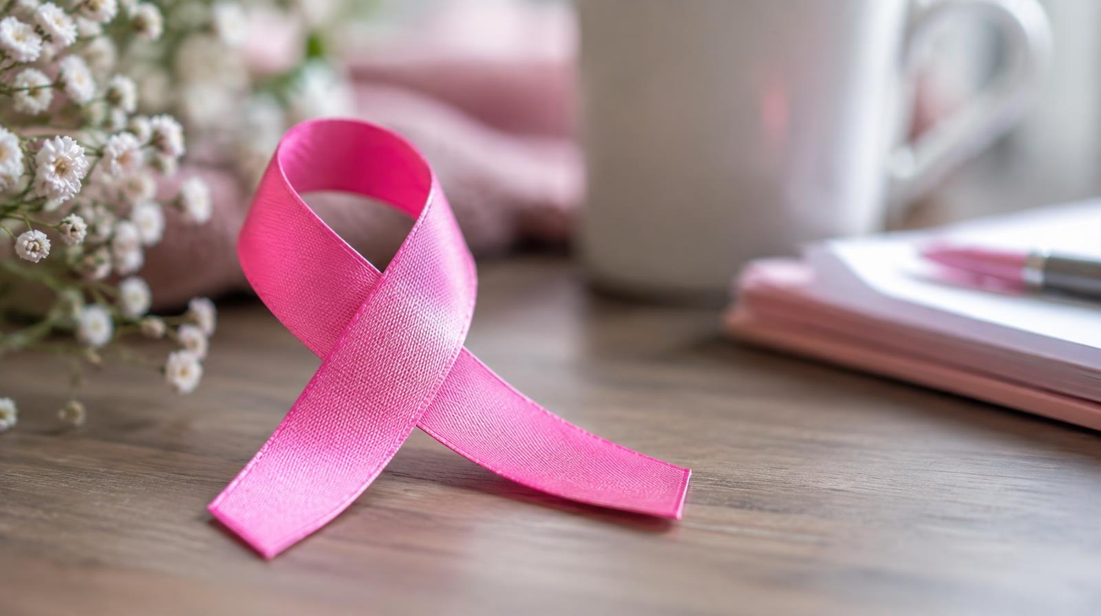 A pink ribbon resting against a soft blurred background.