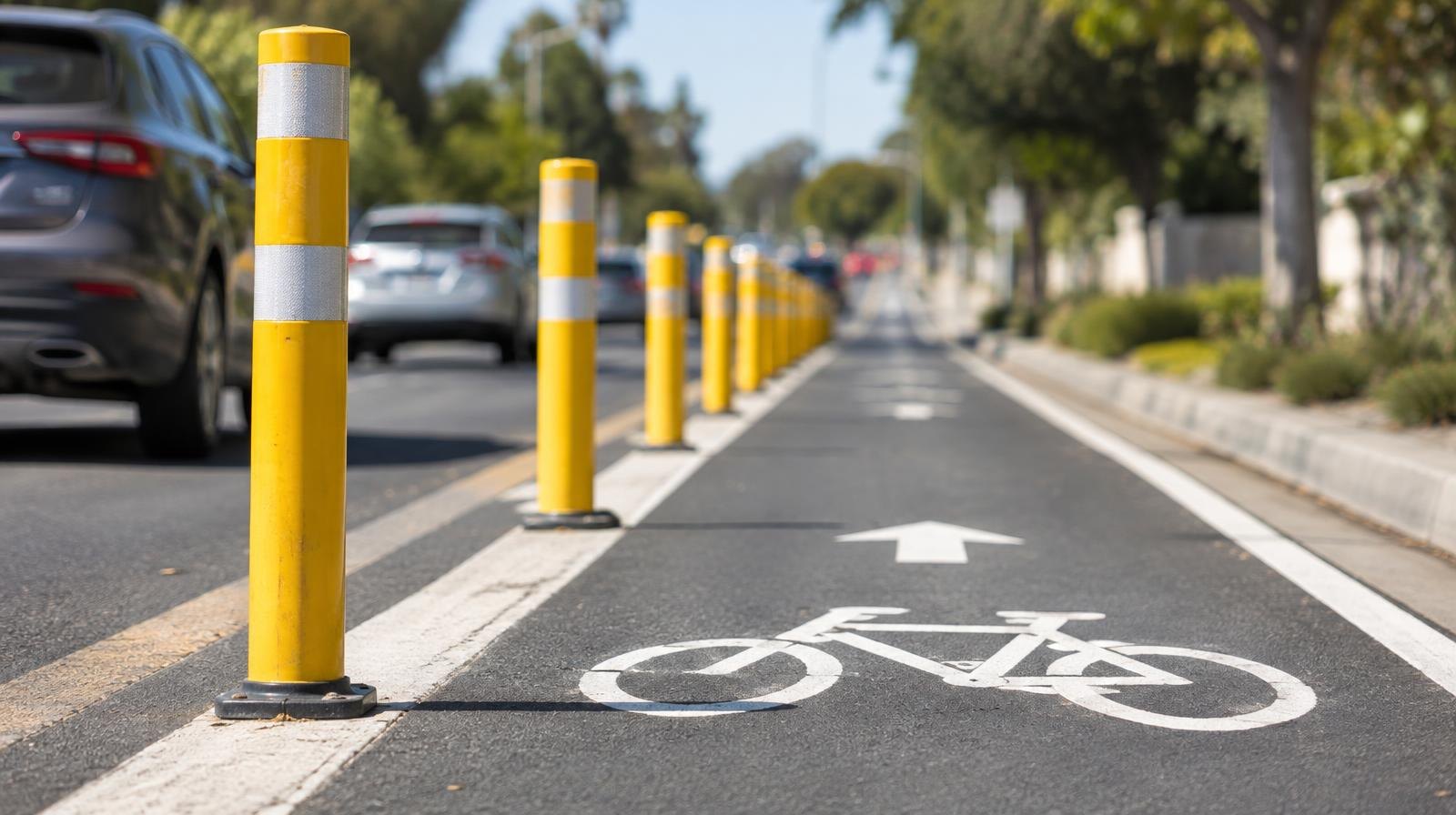 Protected bicycle lane with yellow plastic bollards and painted bike symbol on asphalt.