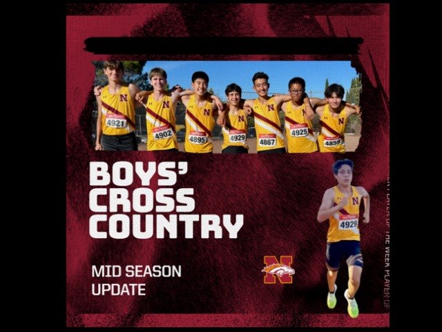 Promotional graphic showing Northgate boys cross country runners in gold uniforms with race bibs.