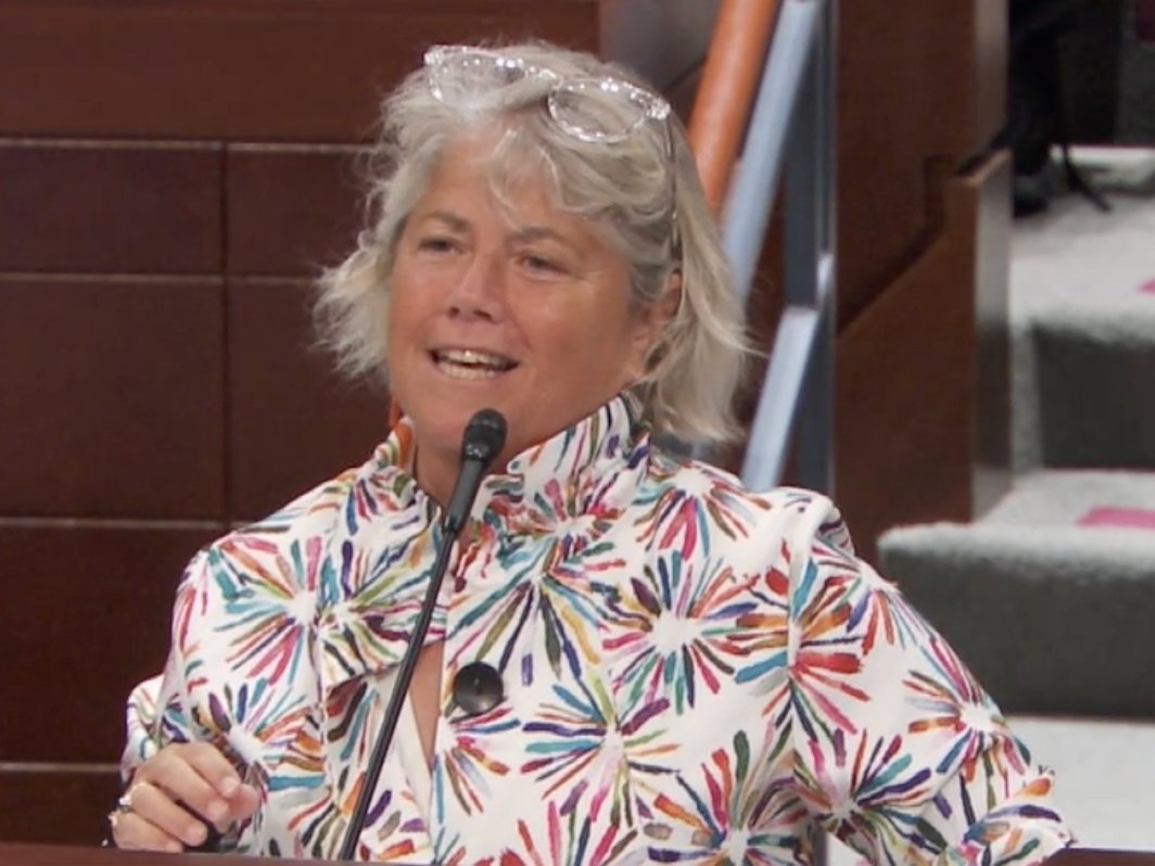 A woman with gray hair and glasses on her head speaks into a microphone at a government meeting room.