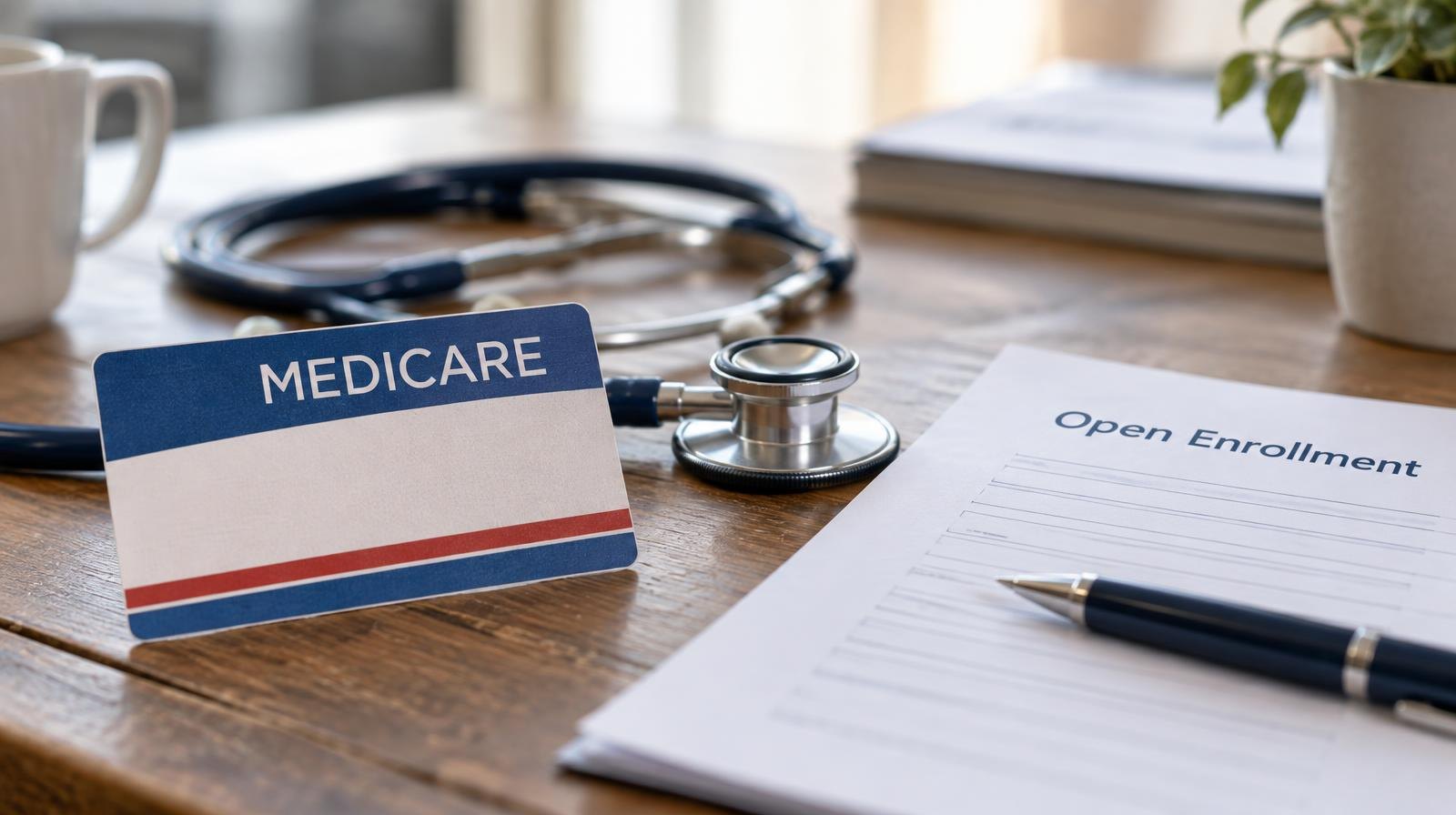 Stethoscope and insurance card resting on a wooden desk beside a pen.