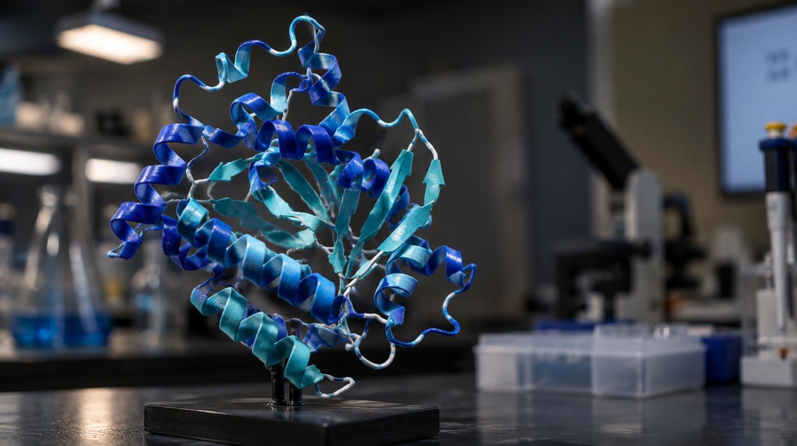 A glowing blue and teal ribbon diagram of a protein molecule against a dark background.