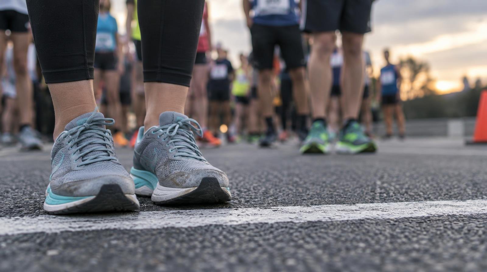 Running shoes on a road race starting line with runners gathered in the background.