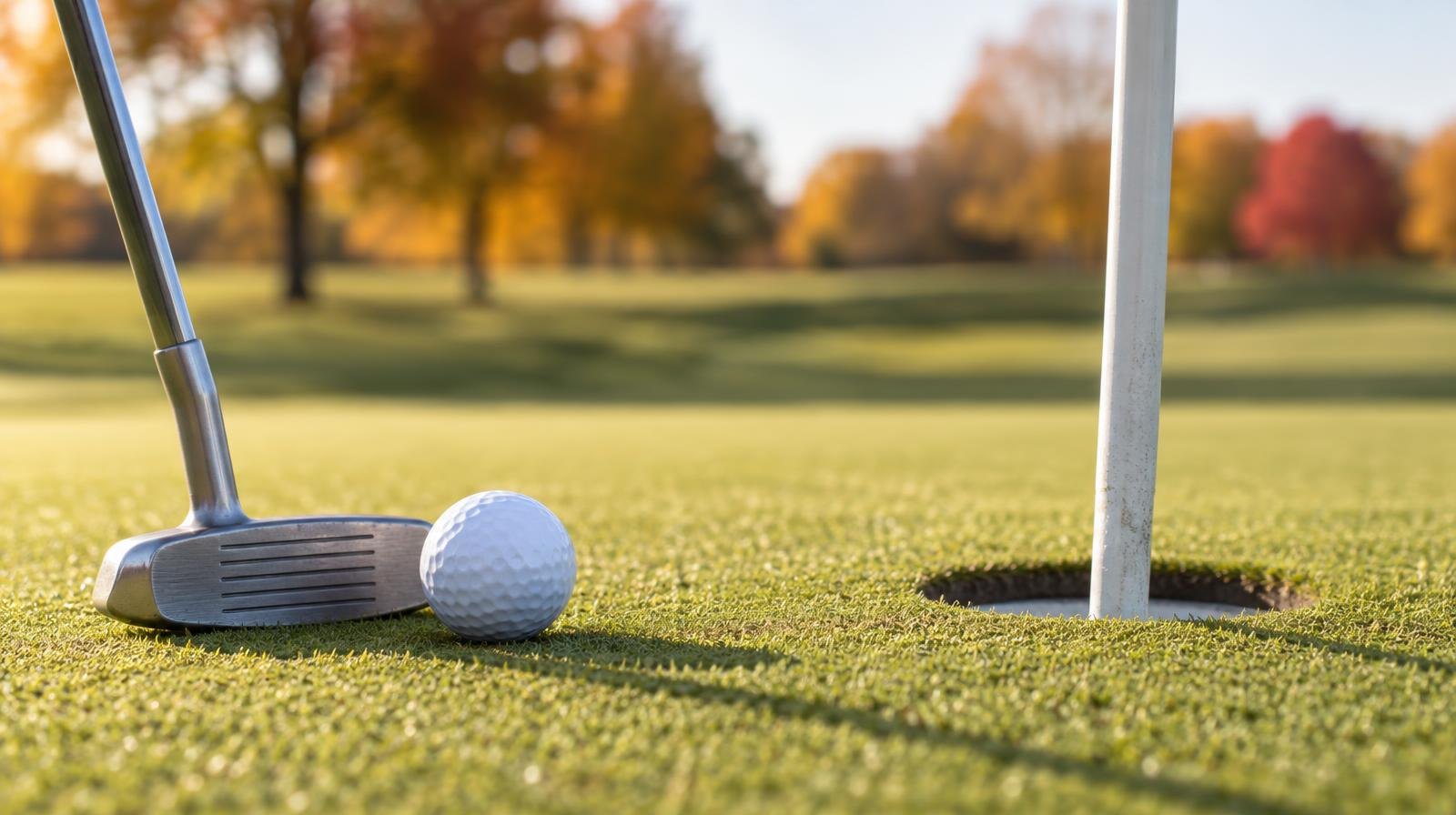 A golf club and ball rest on a closely mown putting green beside a flagstick.