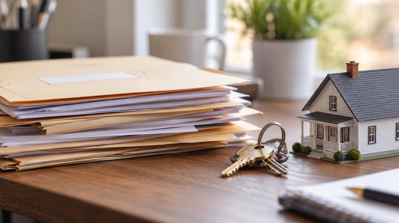 Stack of folders and paperwork on a desk beside house keys and a small model home.