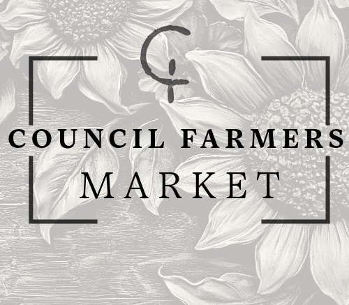 Logo reading Council Farmers Market with a stylized monogram and floral background.