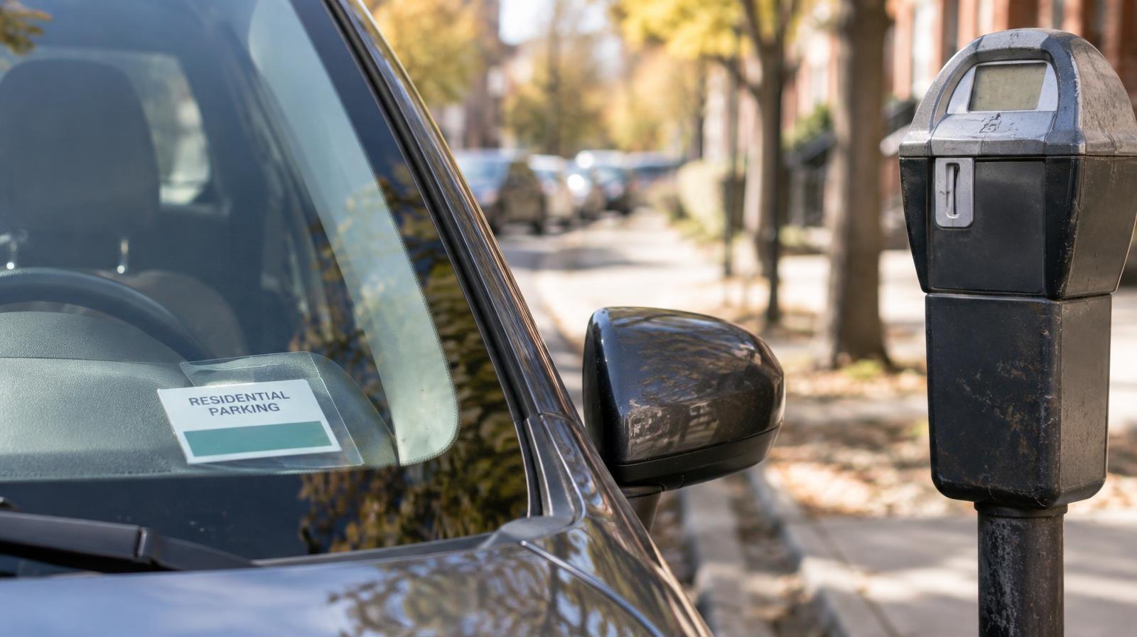 Parking permit on a car dashboard beside a street parking meter.