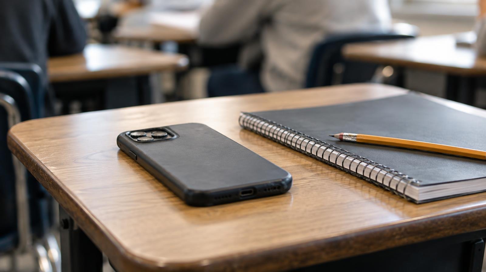 A smartphone face-down on a school desk beside a notebook and pencil.