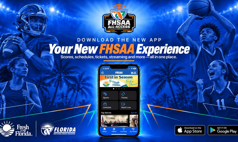 Promotional graphic for the FHSAA All-Access mobile app showing a smartphone mockup and athlete images.