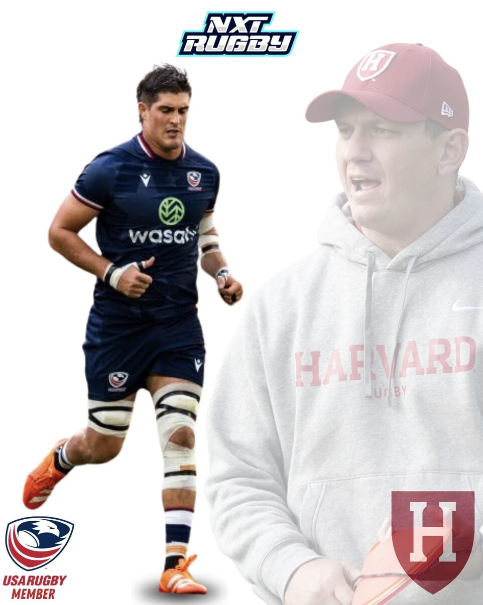 Promotional flyer showing NXT Rugby logo, a player in a USA Eagles kit, and a man in a Harvard Rugby hoodie.