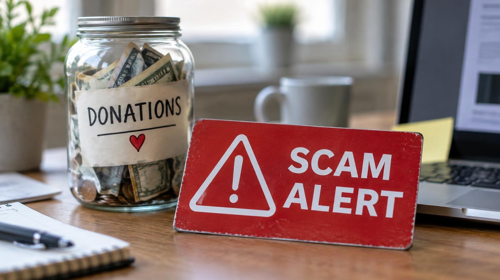 A red scam alert sign beside a donation jar and computer keyboard on a desk.