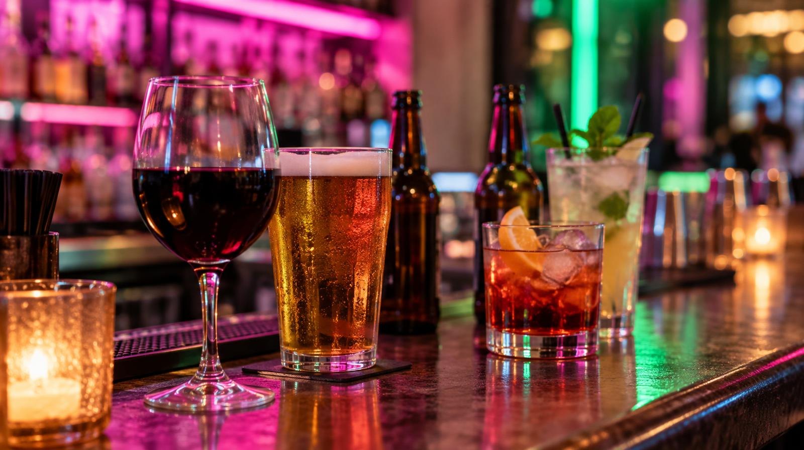 Assorted wine glasses, beer bottles, and cocktail tumblers lit by colorful neon light on a bar counter.