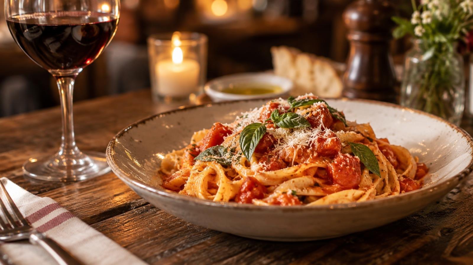 A plate of pasta with tomato sauce and basil next to a glass of red wine on a wooden table.