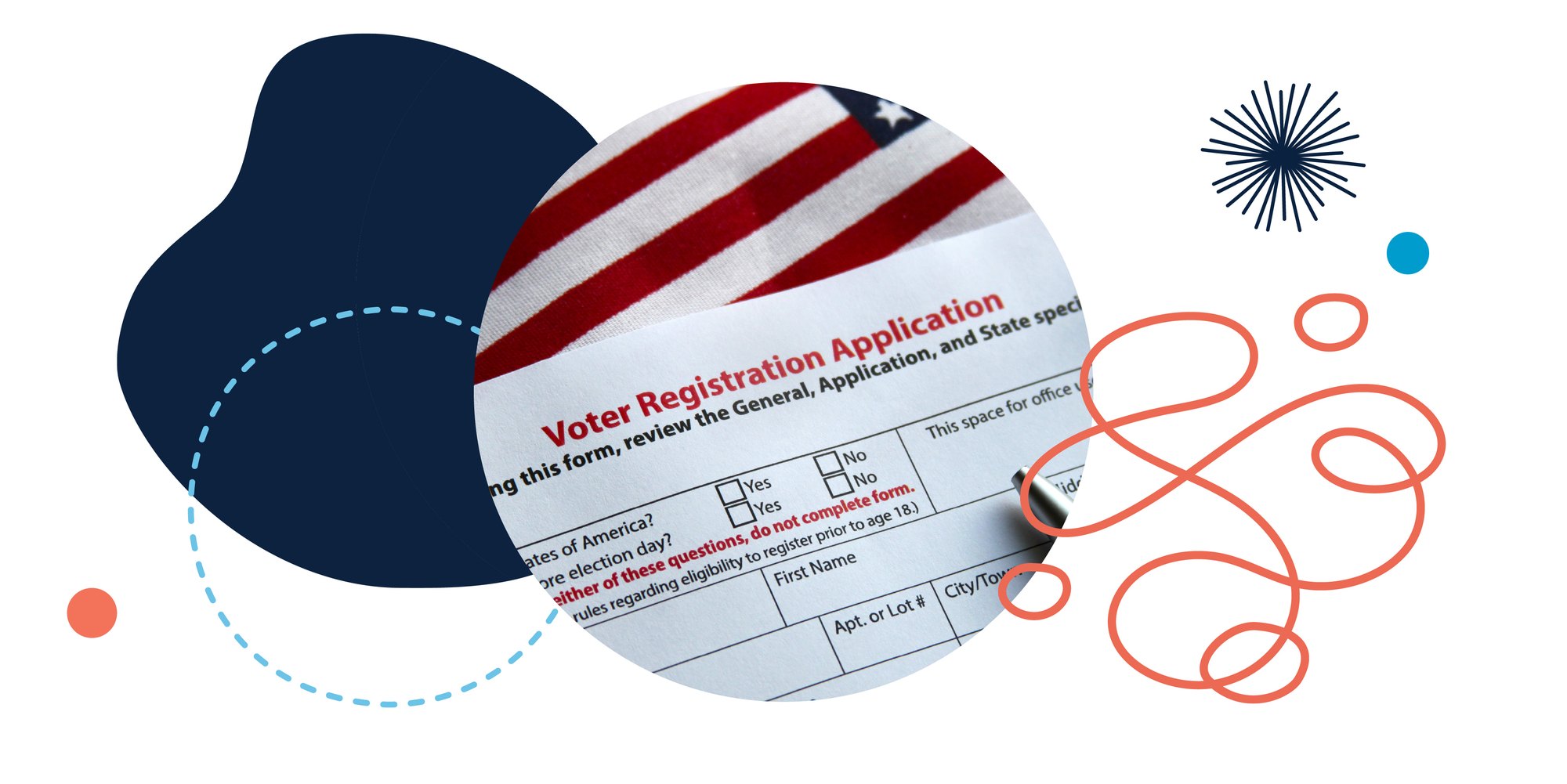 A voter registration application form in front of an American flag.