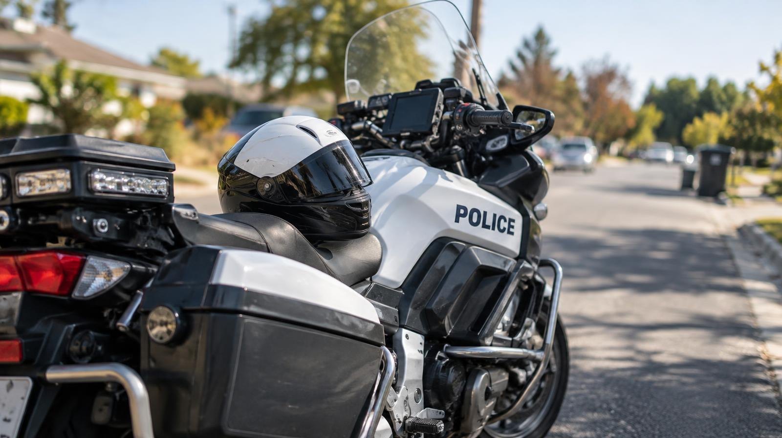 A police motorcycle parked on a quiet sunny residential street with a helmet on the seat.
