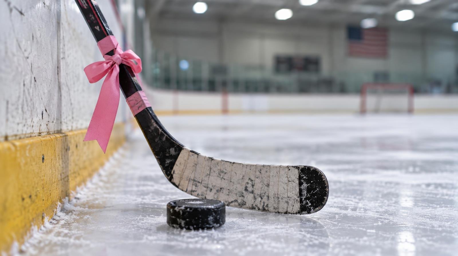 A hockey stick and puck rest on the ice near the boards of an indoor rink.