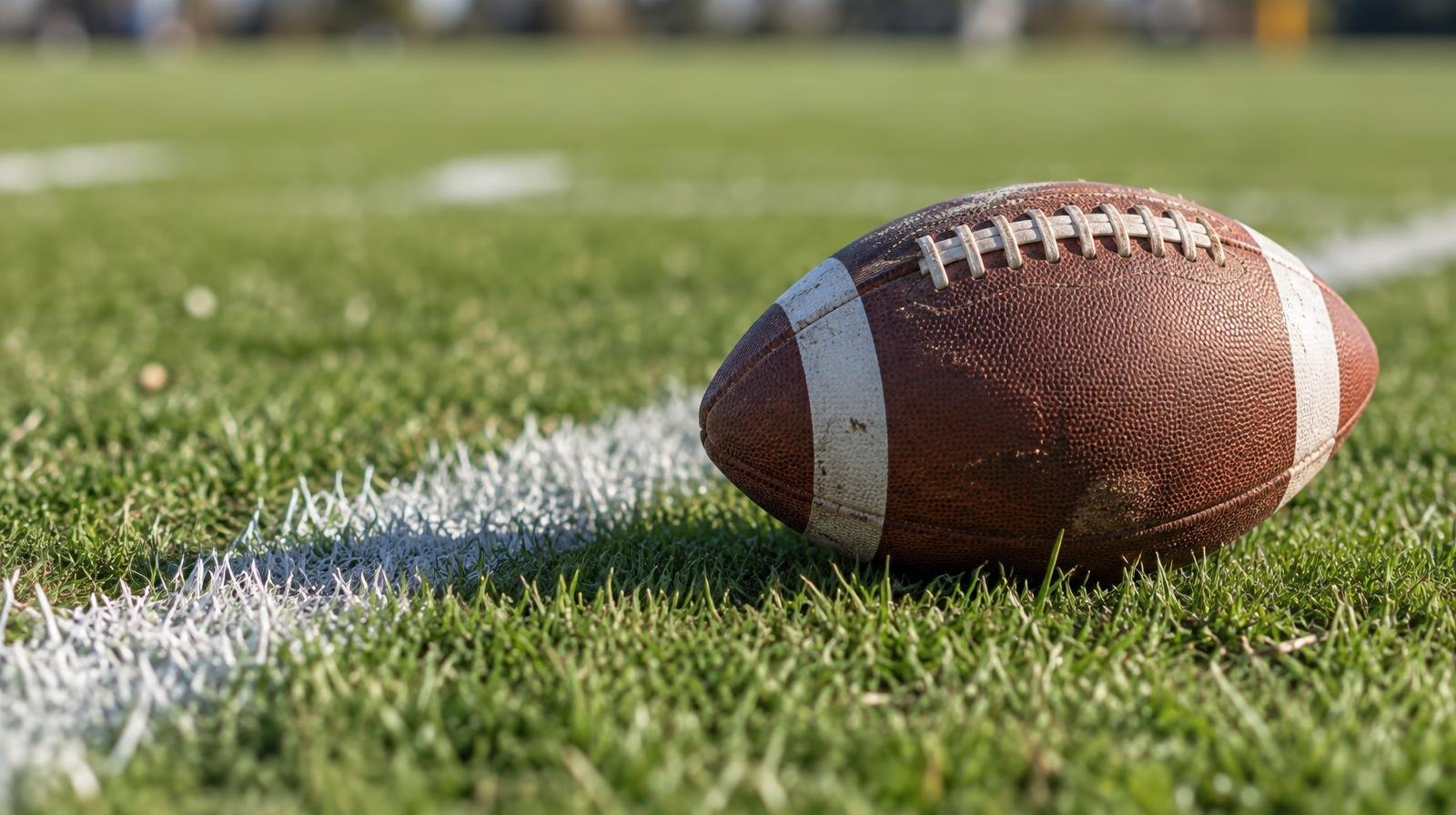 An American football resting on green grass beside a white painted yard line.