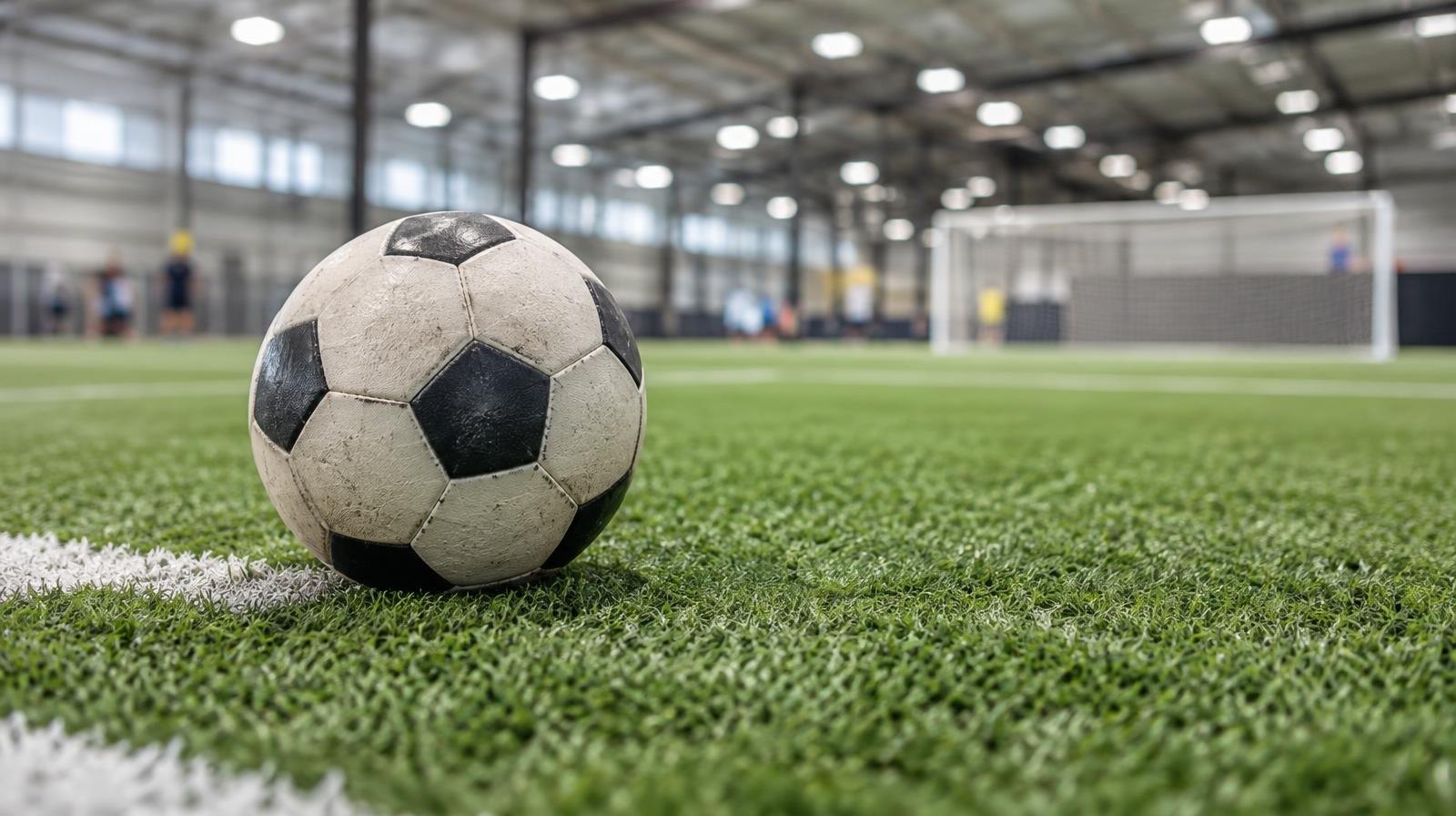 Indoor artificial turf field with goal posts under bright overhead lighting.