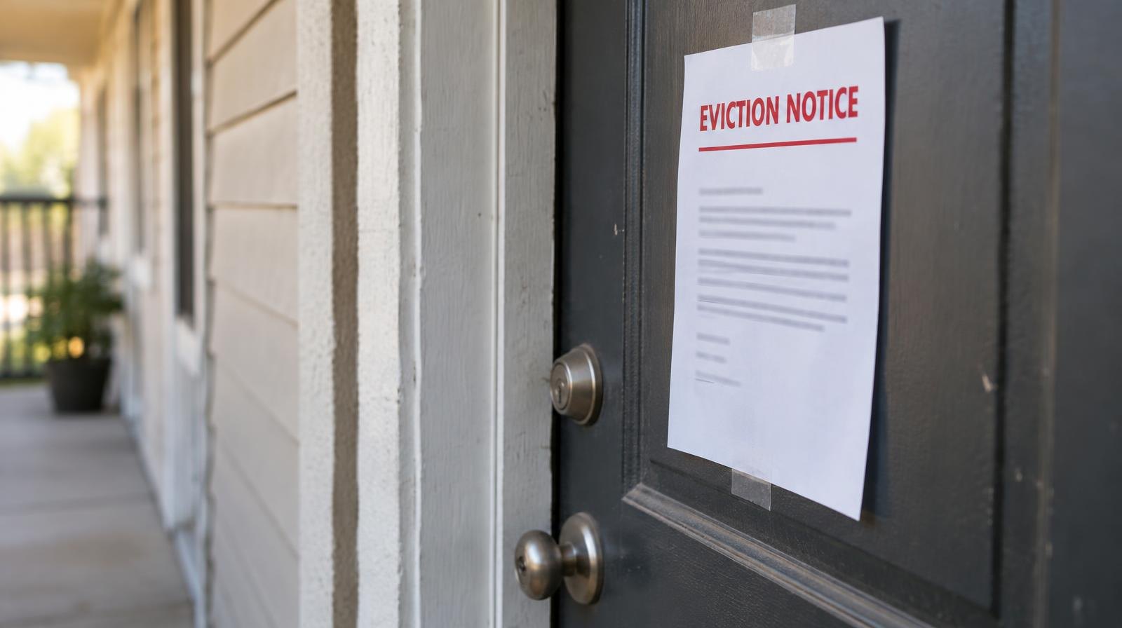A paper notice taped to a residential apartment door with a deadbolt lock.