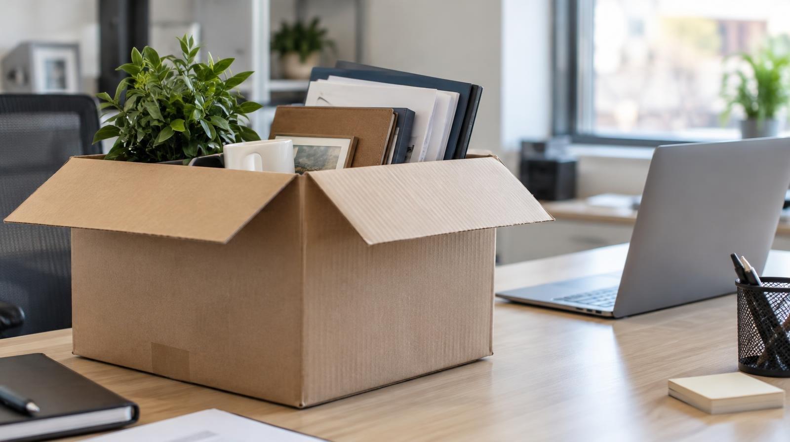Open cardboard moving box on a desk next to a laptop and a small potted plant.