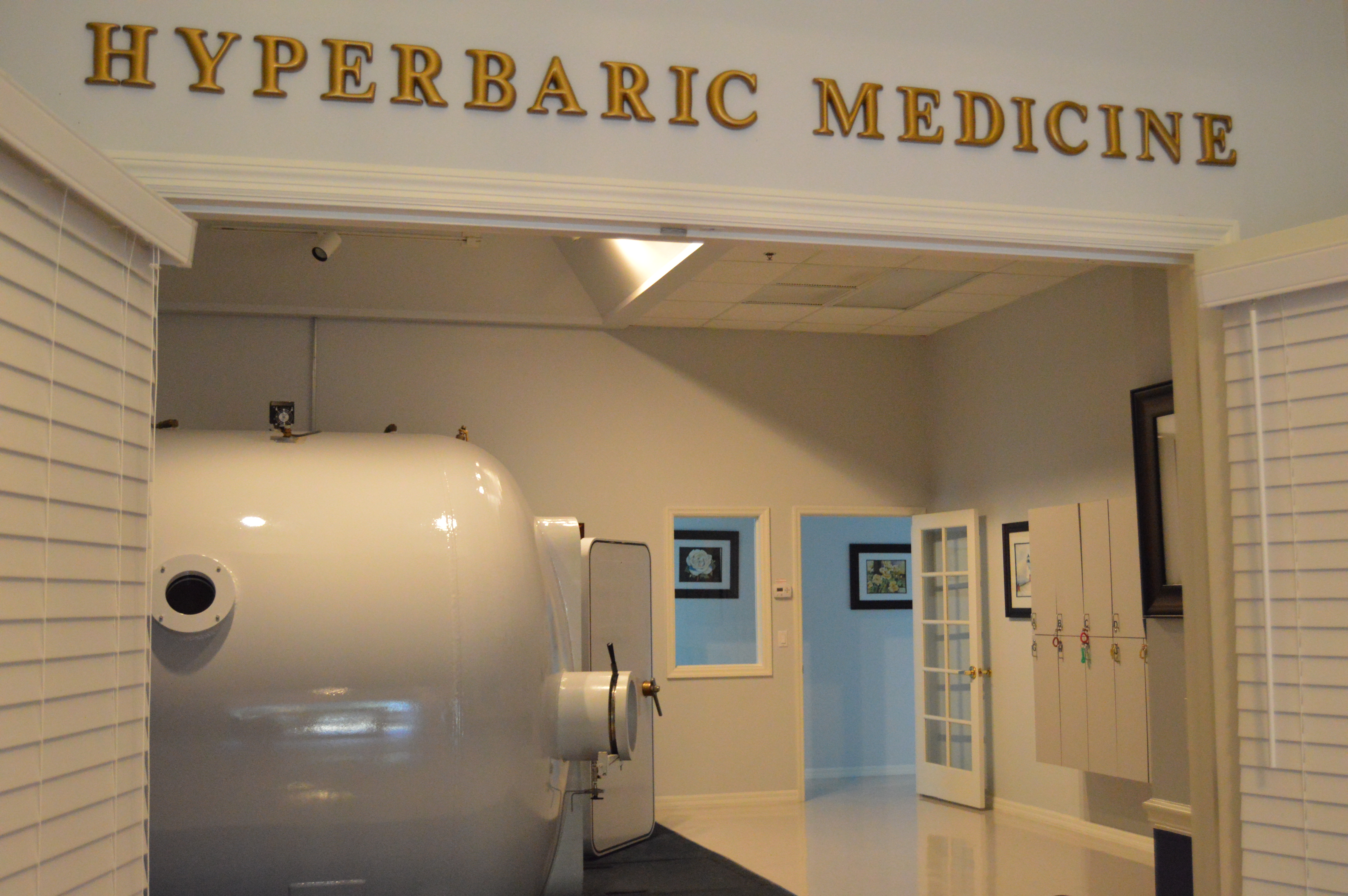 Hallway entrance labeled 'Hyperbaric Medicine' with a large cylindrical chamber visible inside.