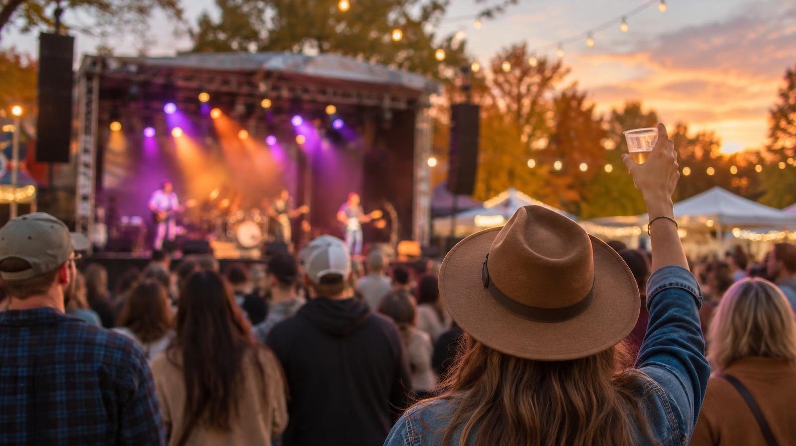 Outdoor festival stage lit with string lights at dusk with a crowd gathered.